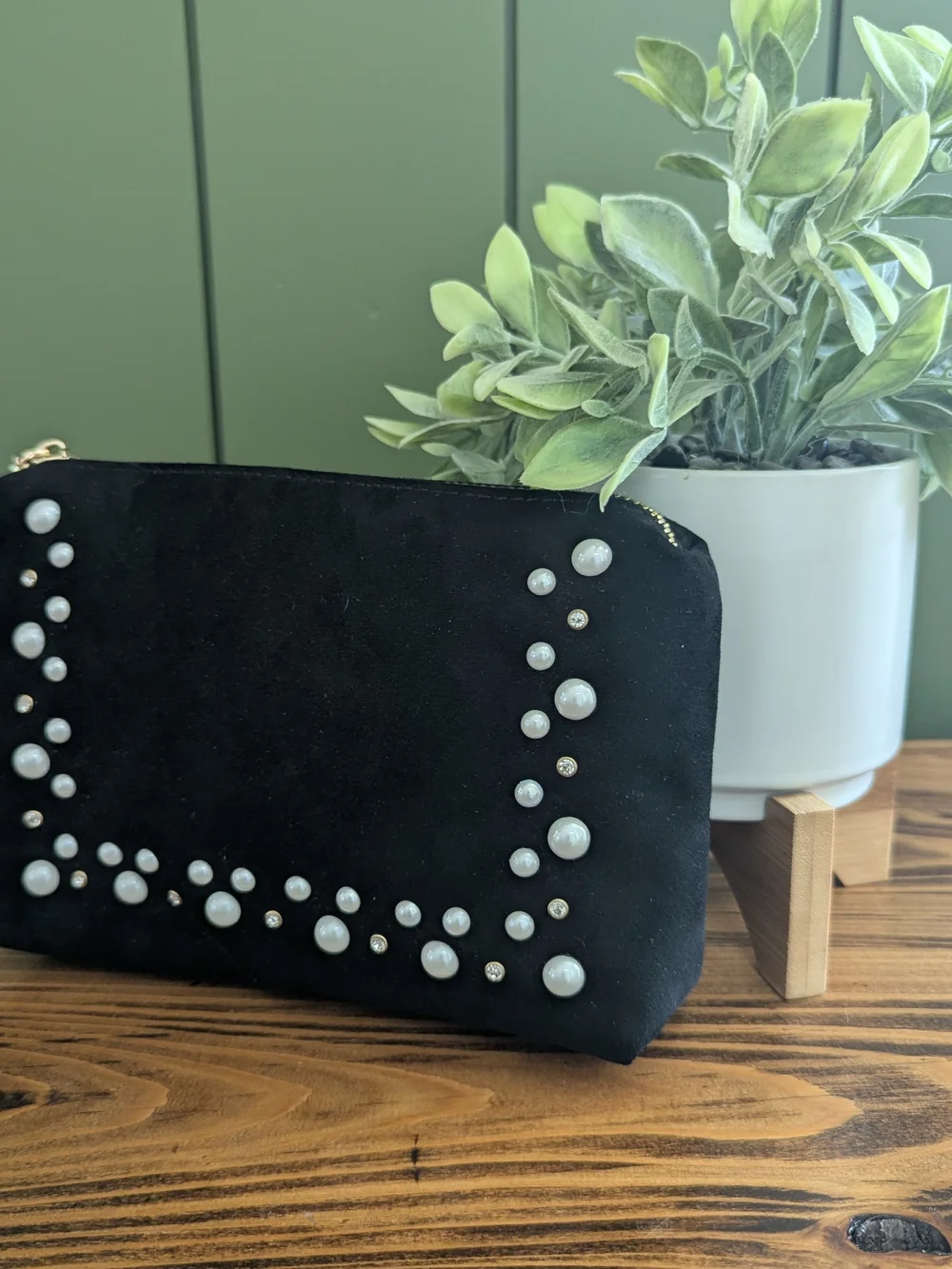 Black Pearl-Stud Suede Wristlet -